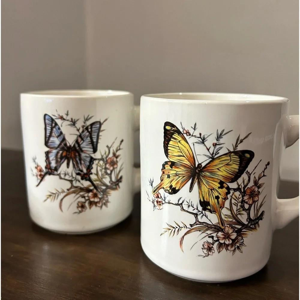 Vintage mid century cottage core butterfly mugs
